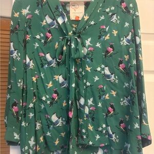 Anthropologie Green Bird Print Blouse